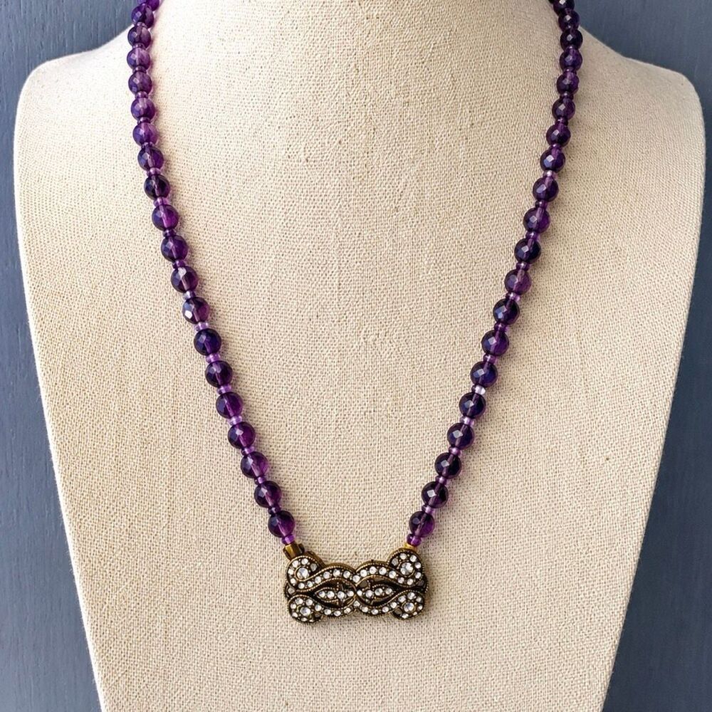 QVC La Vintage Purple Bead Necklace with Swarovski Clasp – 24”